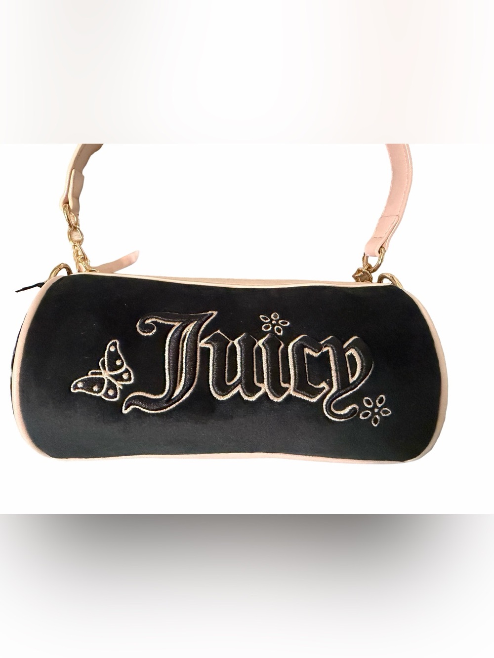 Juicy Couture Black Velvet Barrel Clutch with Cream Trim